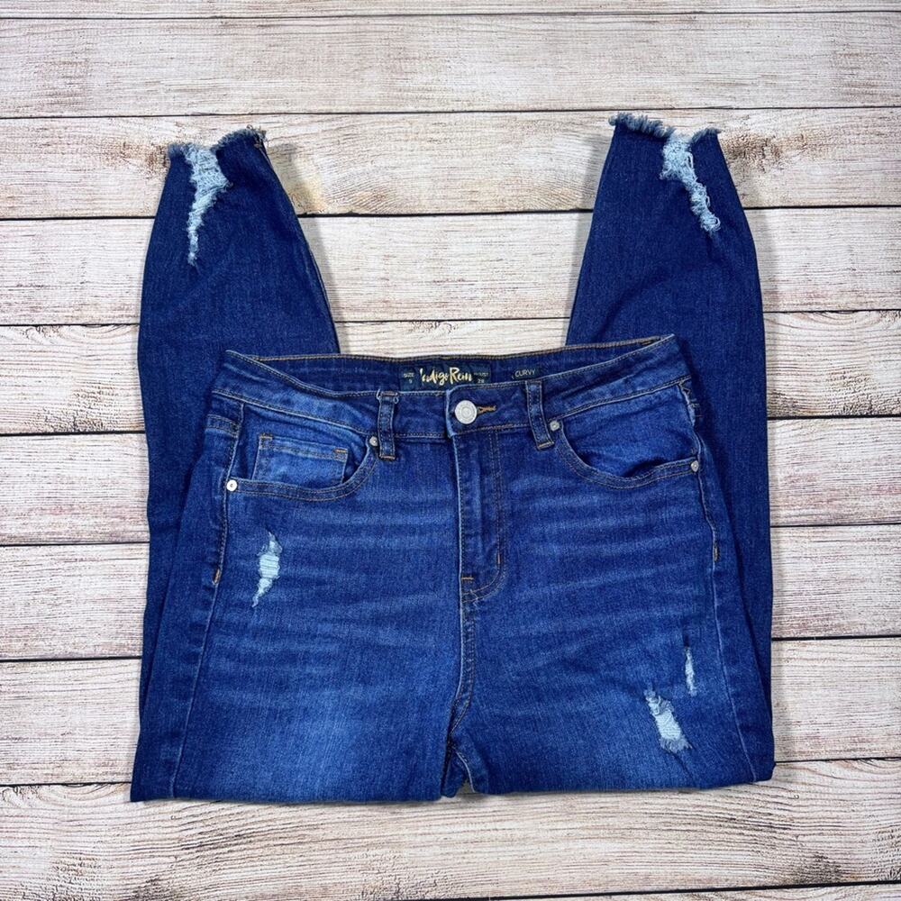 Indigo Rein Curvy Cropped Denim Jeans Blue Distressed Women's Size 28 / 9 Junior